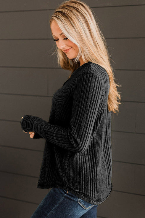 V Neck Buttoned Ribbed Knit Top